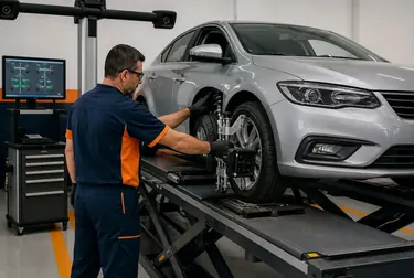 Máquina de alinhamento de rodas em uso na borracharia.