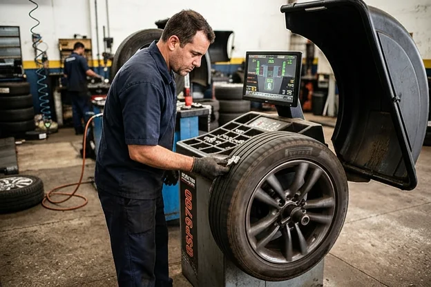 Máquina de balanceamento de rodas sendo utilizada em Cambé.