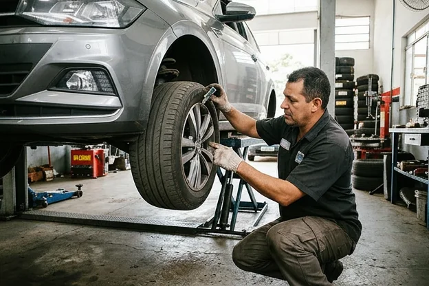 Profissional revisando pneus de um carro em Cambé.